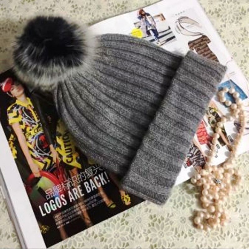 Pure Cashmere Hat Beige Fur Pom-Pom Women Winter Hat